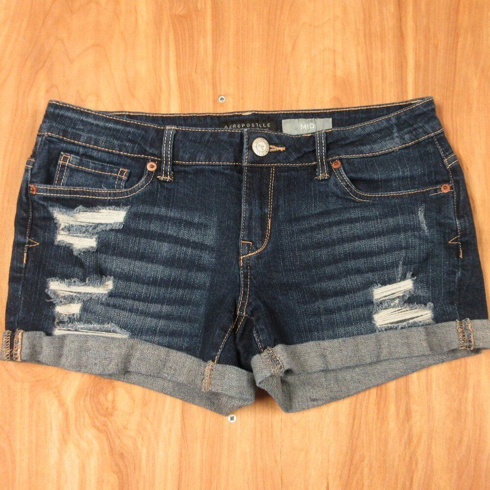 AEROPOSTALE Midi Cuffed Distressed Jean Shorts Sz 4 Ripped Dark Blue Denim Jorts
